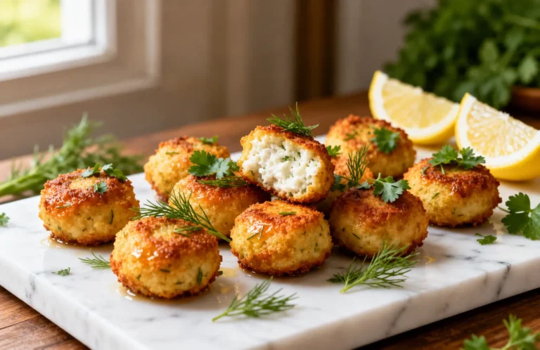 High protein cottage cheese bites made in the air fryer with crispy golden exteriors, fluffy protein packed centers, fresh herbs, and lemon wedges, served as a satisfying snack or appetizer.