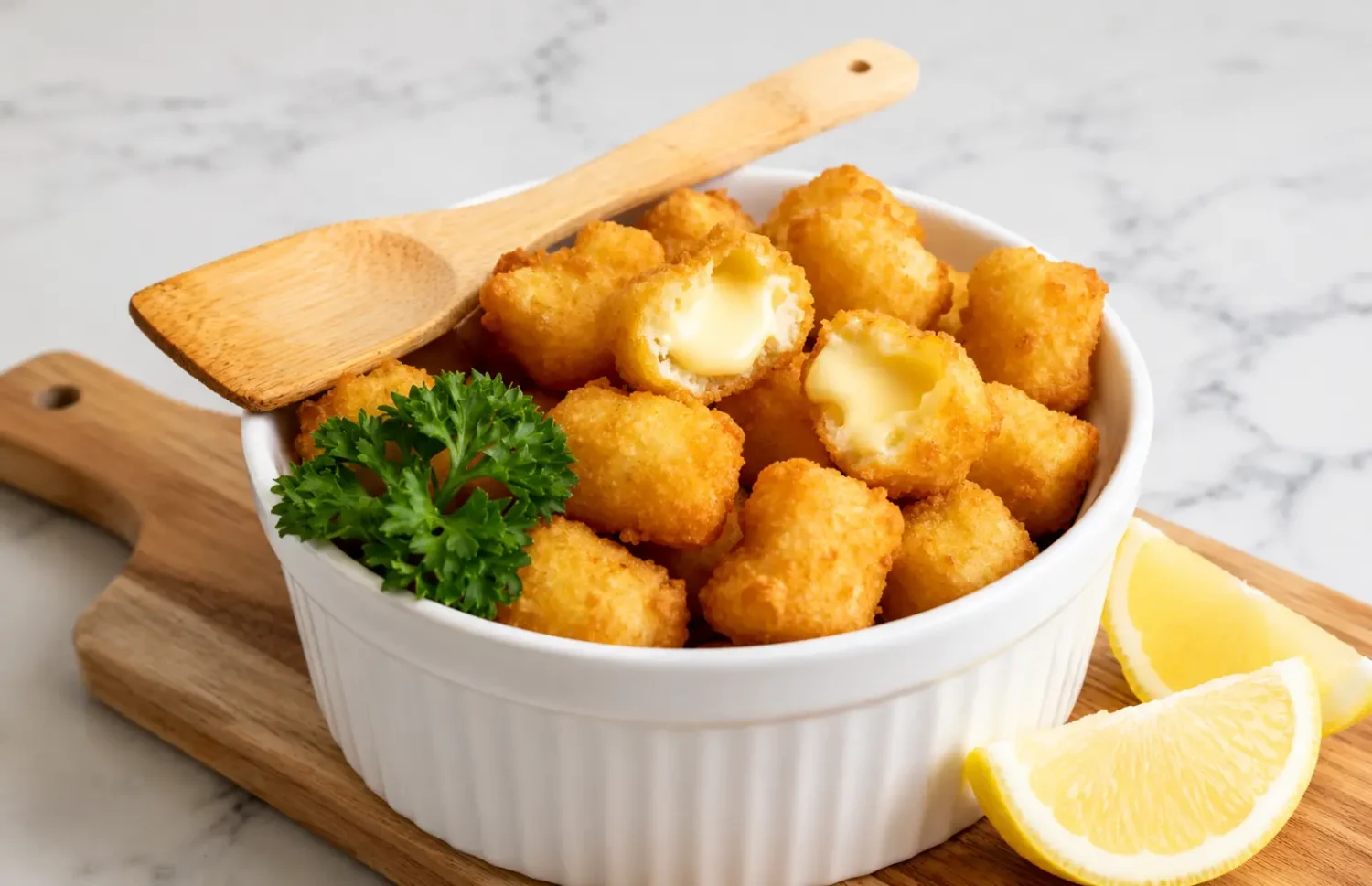 Frozen cheese curds cooked in the air fryer with a crispy golden breaded coating and gooey melted cheese center, served in a bowl with fresh parsley and lemon wedges.