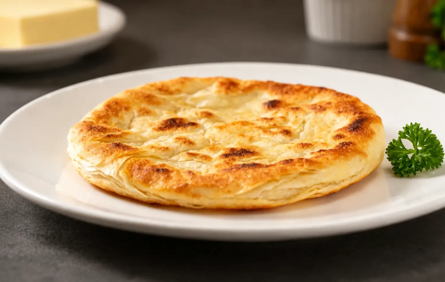 High protein cottage cheese flatbread made in the air fryer with a golden crispy exterior, fluffy layered texture, and protein packed cottage cheese dough, served as a satisfying snack or light meal.