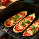High protein zucchini pizza boats made in the air fryer with tender zucchini halves, melted cheese, sliced tomatoes, fresh basil, and a protein packed filling, cooked inside an air fryer basket.