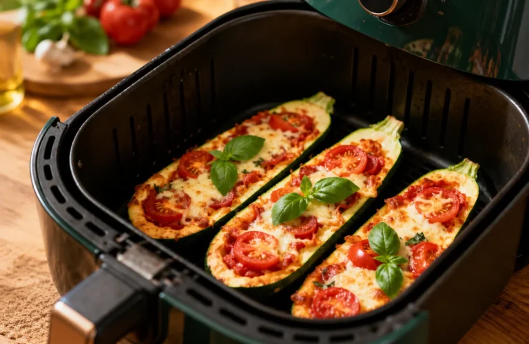 High protein zucchini pizza boats made in the air fryer with tender zucchini halves, melted cheese, sliced tomatoes, fresh basil, and a protein packed filling, cooked inside an air fryer basket.