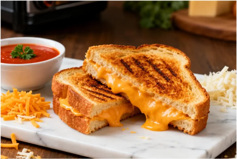 Air fryer grilled cheese sandwich with crispy golden toasted bread, gooey melted cheddar cheese, grill marks, and a rich buttery texture, served with tomato soup for a comforting meal.