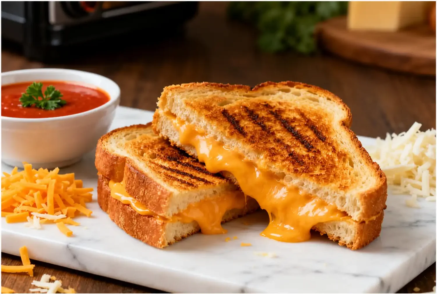 Air fryer grilled cheese sandwich with crispy golden toasted bread, gooey melted cheddar cheese, grill marks, and a rich buttery texture, served with tomato soup for a comforting meal.