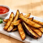 Air fryer eggplant fries with crispy golden seasoned coating, tender eggplant centers, and lightly charred edges, served with marinara dipping sauce as a flavorful snack or appetizer.