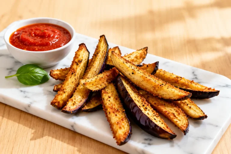 Air fryer eggplant fries with crispy golden seasoned coating, tender eggplant centers, and lightly charred edges, served with marinara dipping sauce as a flavorful snack or appetizer.