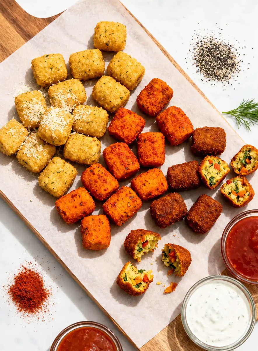 Overhead “tasty top view” for variety platter: Large parchment-lined board with assorted veggie