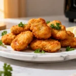 Homemade chicken nuggets made in the air fryer with a crispy golden breadcrumb coating, juicy tender chicken inside, fresh parsley garnish, and lemon wedges, served as a fast and family friendly meal.