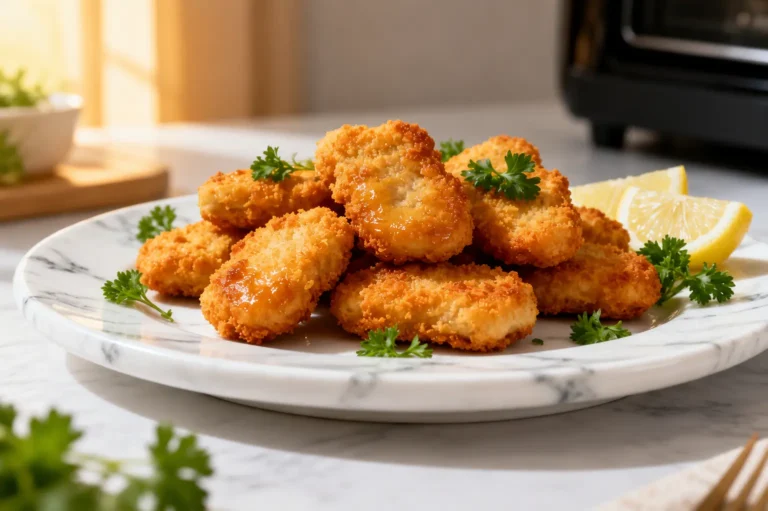 Homemade chicken nuggets made in the air fryer with a crispy golden breadcrumb coating, juicy tender chicken inside, fresh parsley garnish, and lemon wedges, served as a fast and family friendly meal.