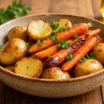 Air fryer potatoes and carrots with crispy roasted baby potatoes, tender caramelized carrots, and fresh herbs