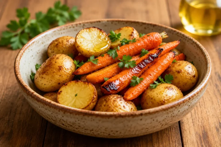 Air fryer potatoes and carrots with crispy roasted baby potatoes, tender caramelized carrots, and fresh herbs