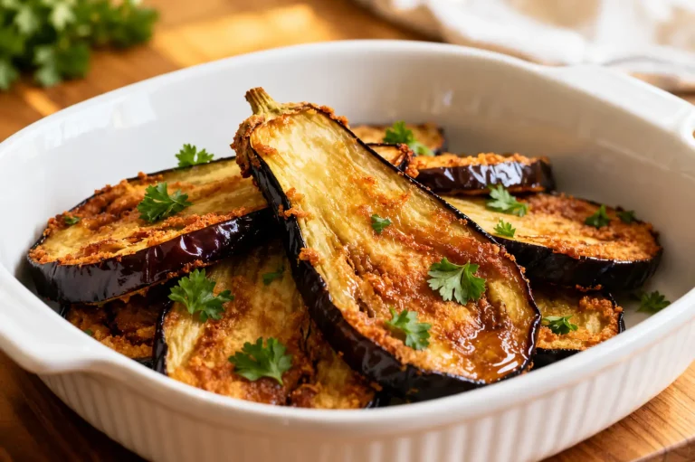 Air fryer fried eggplant slices with golden caramelized surfaces, tender creamy centers, lightly crisp edges, and fresh parsley garnish, served as a simple and flavorful vegetable side dish.