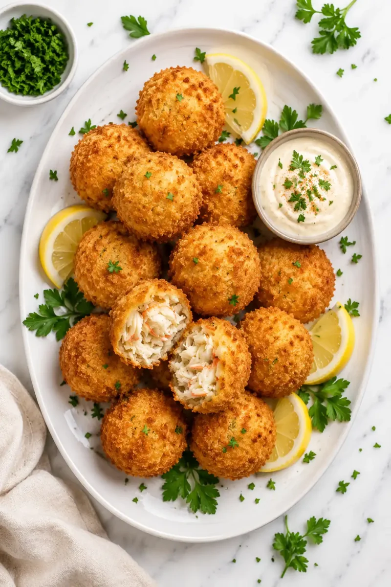 Air fryer crab balls with a crispy golden breadcrumb coating, filled with tender crab meat and served with lemon wedges, fresh parsley, and a creamy dipping sauce.