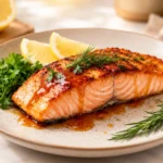 Air fryer honey glazed salmon with a flaky tender salmon fillet, glossy honey glaze, fresh rosemary, parsley, and lemon wedges, served as a flavorful and healthy seafood dinner.