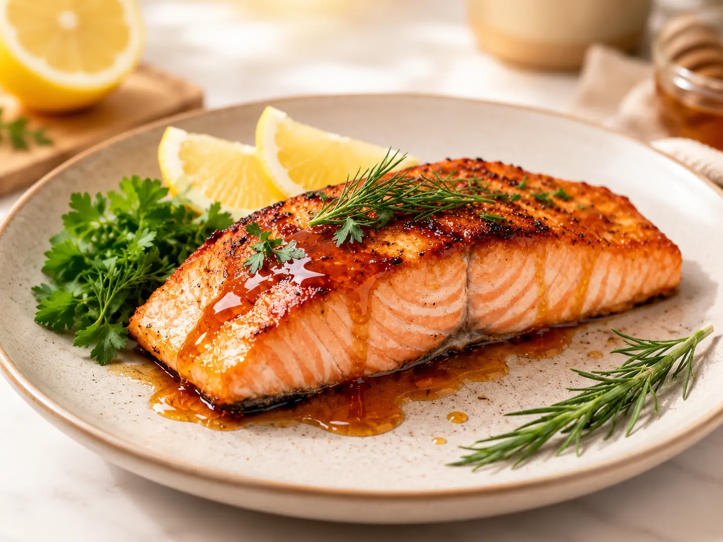 Air fryer honey glazed salmon with a flaky tender salmon fillet, glossy honey glaze, fresh rosemary, parsley, and lemon wedges, served as a flavorful and healthy seafood dinner.
