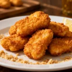 Air fryer breaded chicken nuggets with a crispy golden breadcrumb coating, juicy tender chicken inside, crunchy texture, and lemon wedges, served as an easy family friendly meal or snack.