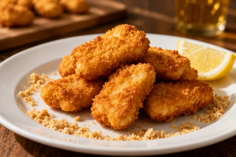 Air fryer breaded chicken nuggets with a crispy golden breadcrumb coating, juicy tender chicken inside, crunchy texture, and lemon wedges, served as an easy family friendly meal or snack.