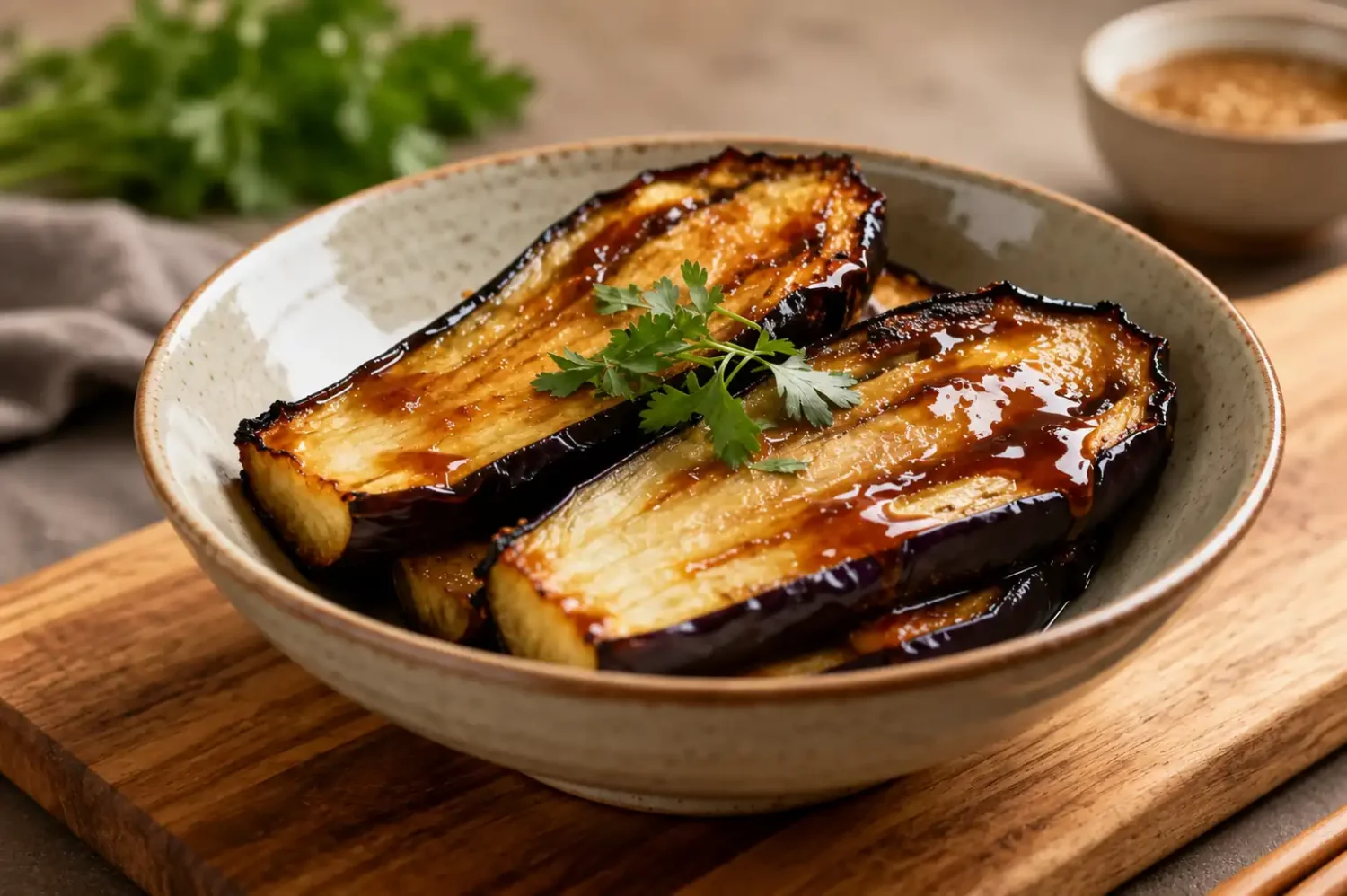 Air fryer miso eggplant with tender roasted eggplant halves, a glossy savory miso glaze, caramelized edges, and fresh parsley garnish, served as a flavorful Japanese inspired side dish.