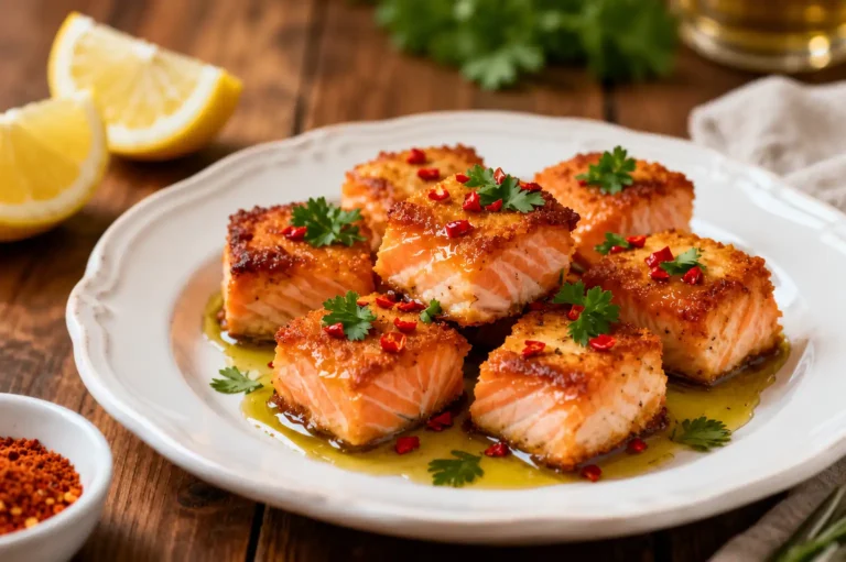 Air fryer Cajun salmon bites with crispy seasoned salmon cubes, bold Cajun spices, fresh parsley, red pepper flakes, and lemon wedges, served as a spicy high protein appetizer or dinner.