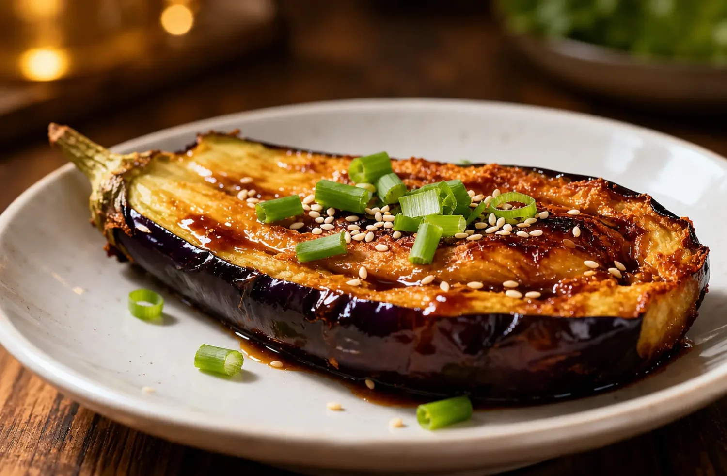 Air fryer Chinese eggplant with tender roasted eggplant halves, a glossy savory sauce, toasted sesame seeds, sliced green onions, and caramelized edges, served as a flavorful Asian inspired side dish.