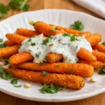 Air fryer ranch carrots with crispy roasted carrots, creamy ranch topping, and fresh herb garnish