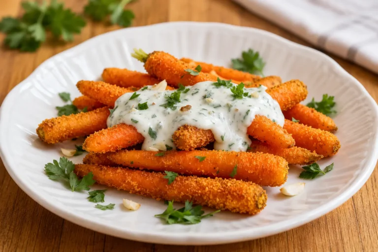 Air fryer ranch carrots with crispy roasted carrots, creamy ranch topping, and fresh herb garnish
