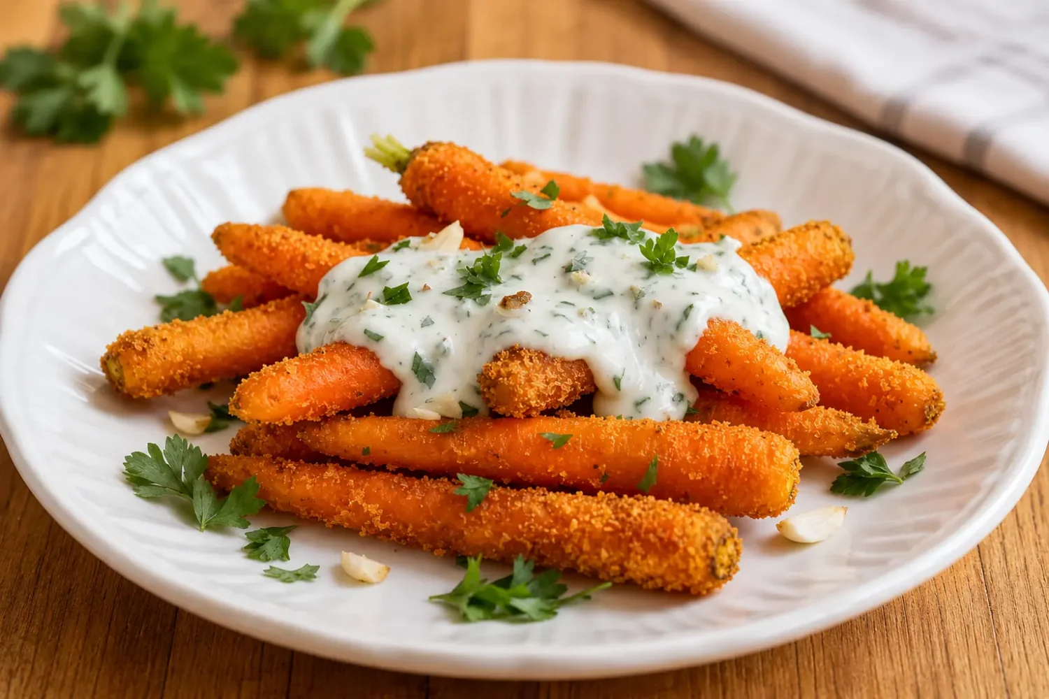 Air fryer ranch carrots with crispy roasted carrots, creamy ranch topping, and fresh herb garnish