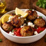 Air fryer Greek turkey meatballs served with tomatoes, feta cheese, fresh herbs, and lemon wedges