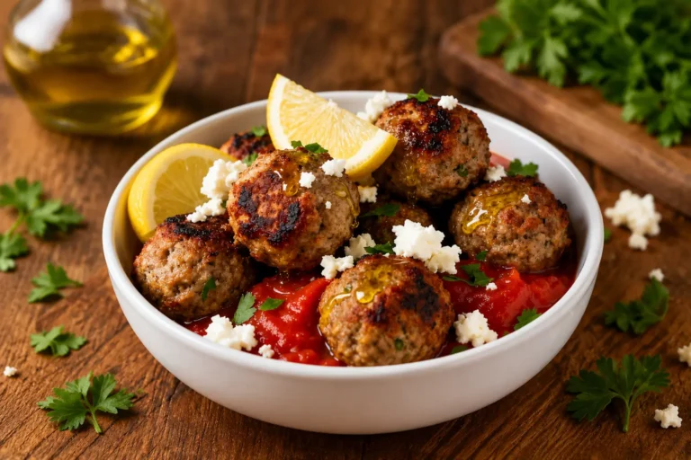 Air fryer Greek turkey meatballs served with tomatoes, feta cheese, fresh herbs, and lemon wedges