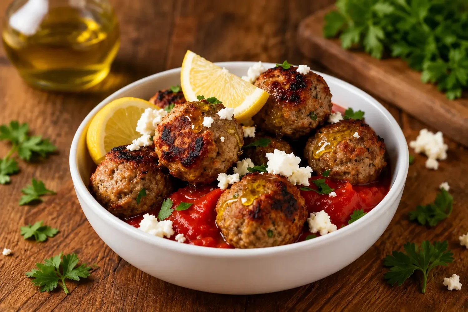 Air fryer Greek turkey meatballs served with tomatoes, feta cheese, fresh herbs, and lemon wedges