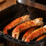 Frozen crab legs in air fryer with tender juicy crab meat, seasoned shells, and hot butter ready for dipping