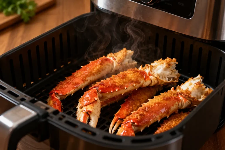 Frozen crab legs in air fryer with tender juicy crab meat, seasoned shells, and hot butter ready for dipping