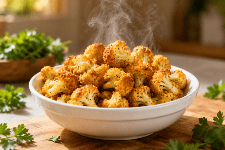 Air fryer popcorn cauliflower with crispy roasted florets, savory seasoning, and a crunchy bite sized texture