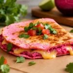 Pink air fryer quesadilla filled with colorful ingredients, garnished with fresh cilantro and diced tomatoes, served on a wooden surface with lime wedges and herbs.