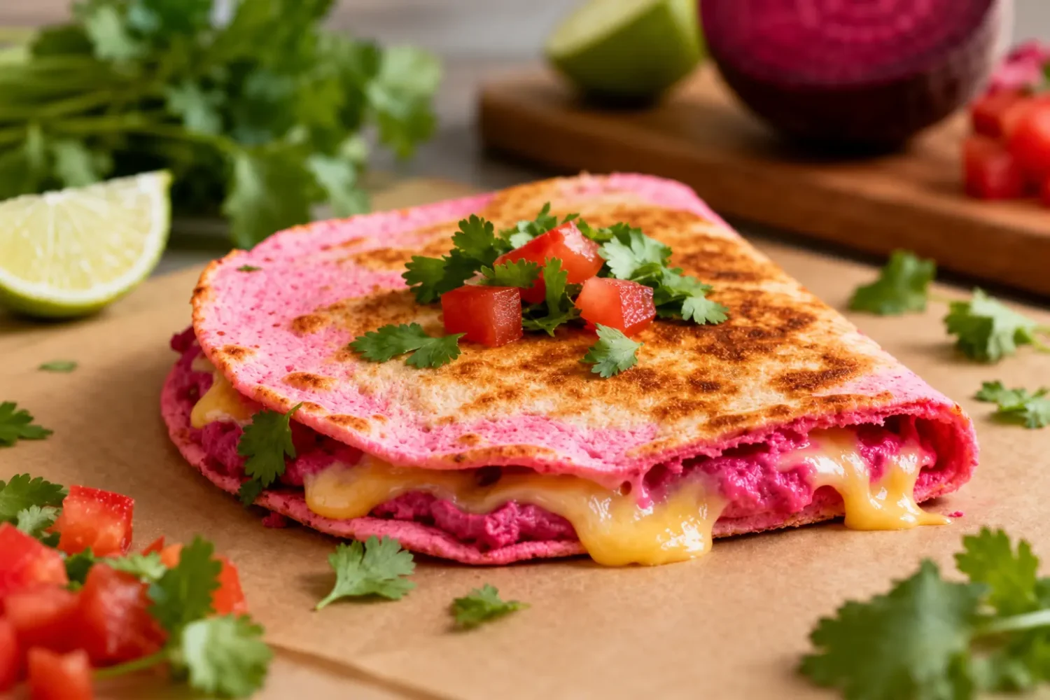 Pink air fryer quesadilla filled with colorful ingredients, garnished with fresh cilantro and diced tomatoes, served on a wooden surface with lime wedges and herbs.