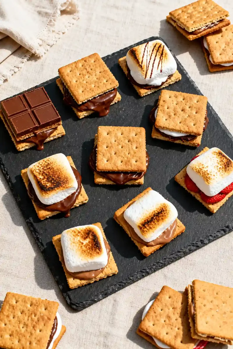 Overhead “tasty top view” of a mixed s’mores spread on a matte slate board: classic sandwich