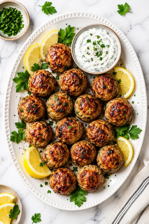 Air fryer turkey meatballs cooked until golden brown, served with lemon wedges, fresh parsley, and a creamy herb dipping sauce on a white serving platter.