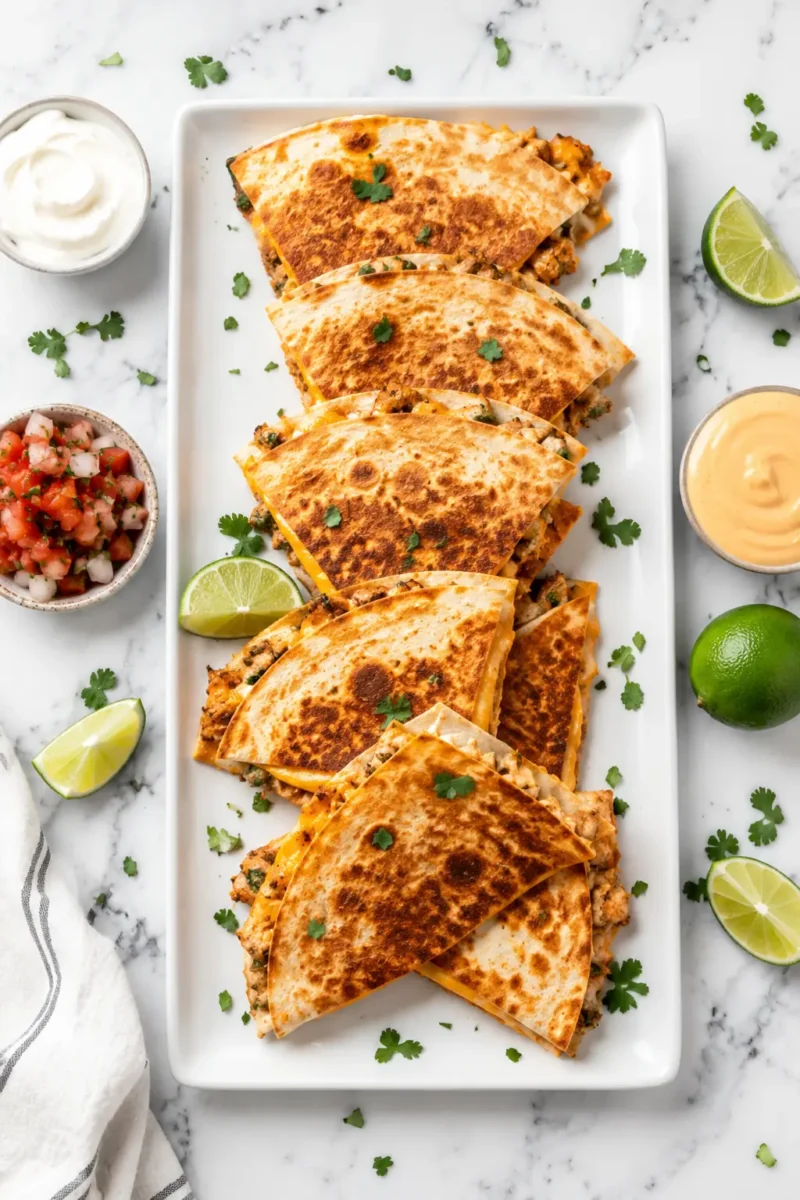 Air fryer chicken quesadillas with melted cheese, seasoned chicken, crispy golden tortillas, fresh lime, and dipping sauces