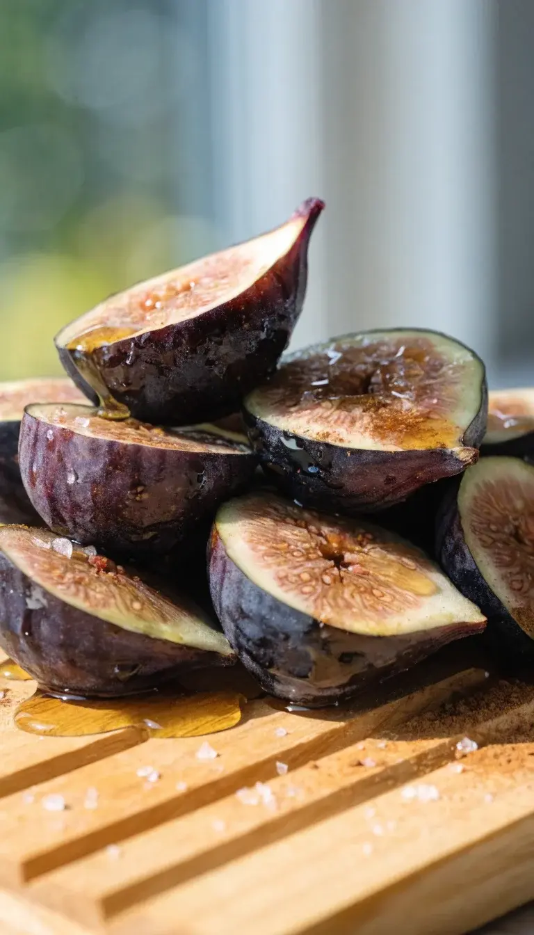 Prompt 1: Close-up studio-style shot of halved fresh figs laid out on a clean, light wooden surface. Focus on the contrast between the glossy purple skins and the pale pink-green insides. Include a subtle sprinkle of sea salt and a pinch of cinnamon and a drizzle of honey to hint at seasoning. Capture texture and surface detail with natural window light, using a shallow depth of field to blur the background and emphasize the caramelized edges of the halves as they begin the drying process in an air fryer-inspired setting (without showing the appliance).