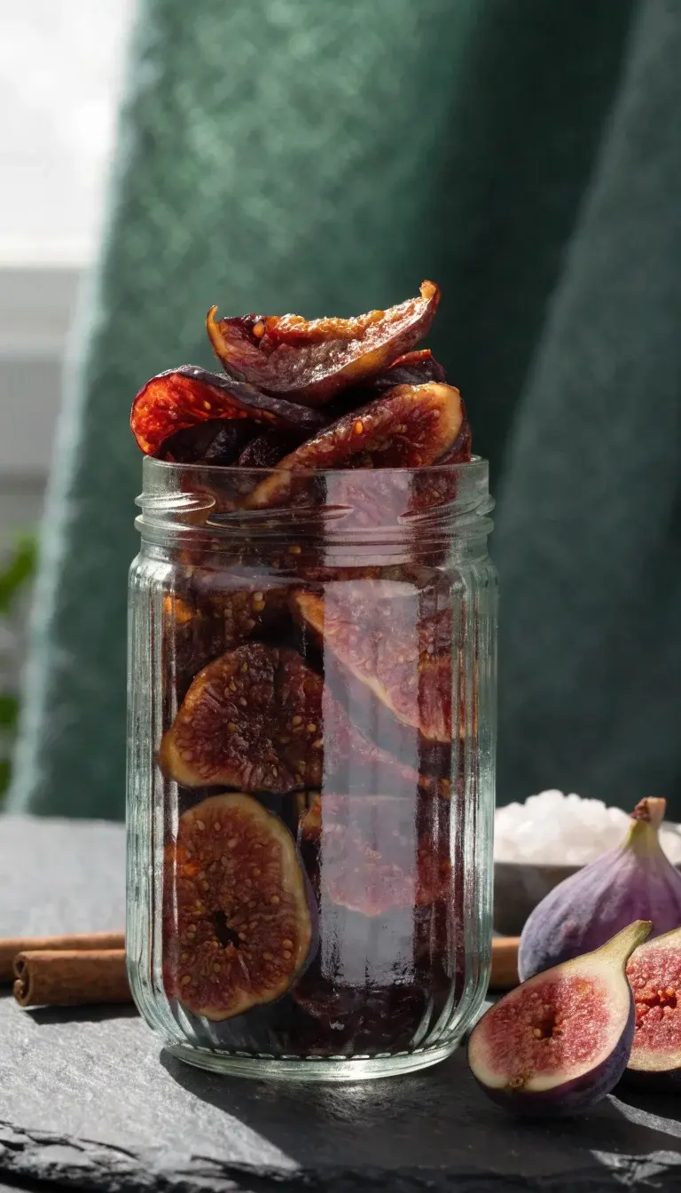 Prompt 3: Dramatic, editorial shot of a translucent glass jar filled with glossy, chewy fig chips, arranged to showcase layered textures from chewy centers to crisp rims. Place the jar on a slate surface with a few figs sliced to reveal their interior next to it. Include a small, shallow dish of flaky sea salt and a few cinnamon sticks for warm spice cues. Shoot with natural light from the side to highlight caramelization and the oil sheen on the chips, using a shallow depth of field to keep the foreground chips in sharp focus while softly blurring the background for a premium, pro photography look.
