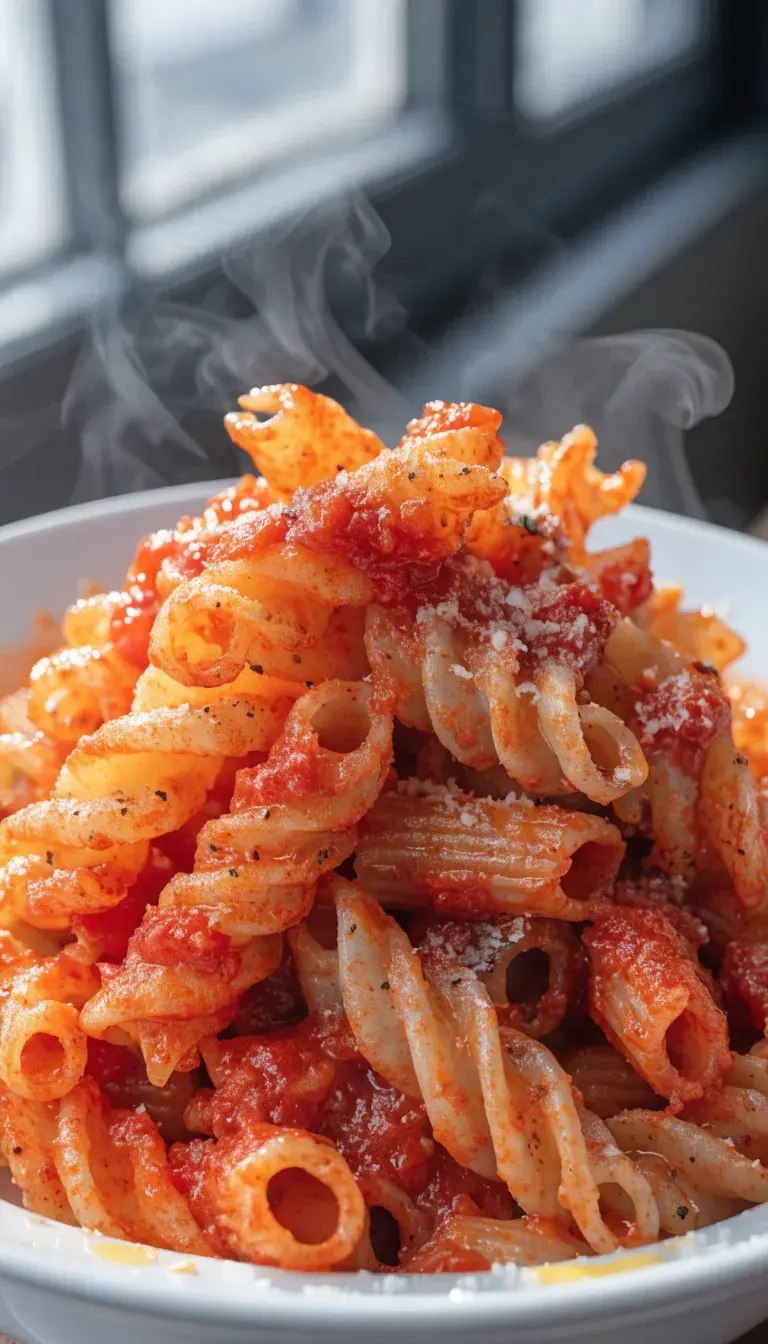 Crisp-edged air-fried pasta close-up: a heaping bowl of fusilli and rigatoni with a golden, lace-crisp exterior, coated in a thick, glossy tomato-basil sauce that clings to the pasta’s ridges. Include visible specks of grated Parmesan, cracked black pepper, and a light drizzle of olive oil. Use natural window light, neutral backdrop, and a shallow depth of field to emphasize texture contrasts between crunchy edges and al dente centers, with steam just rising.