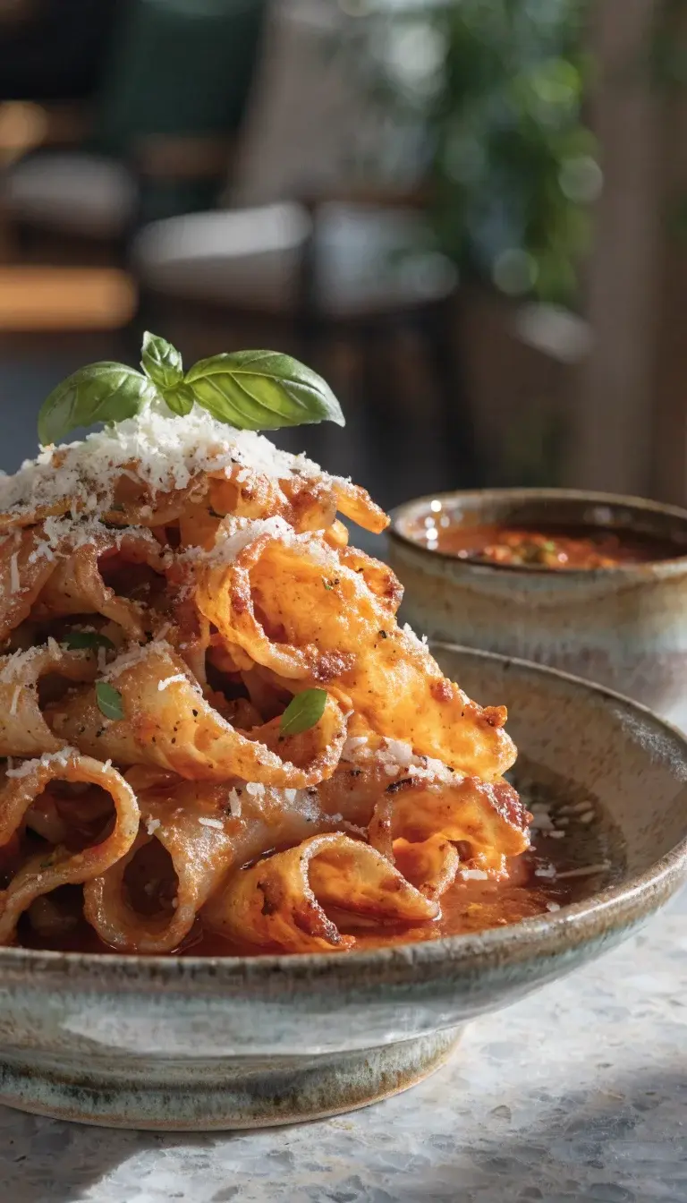 Garnished finish shot: a close-up of crispy pasta piled high in a rustic bowl, edges blistered to golden-brown with darker caramelization. Sauce appears tacky and clingy, with grated Parmesan snow, a crack of black pepper, and a whisper of olive oil sheen. Include a sprig of parsley or basil for color, and a subtle side of extra sauce in a small labeled ramekin. Natural morning light, tight crop, and a complementary neutral table surface to enhance texture and mouth-watering appeal.