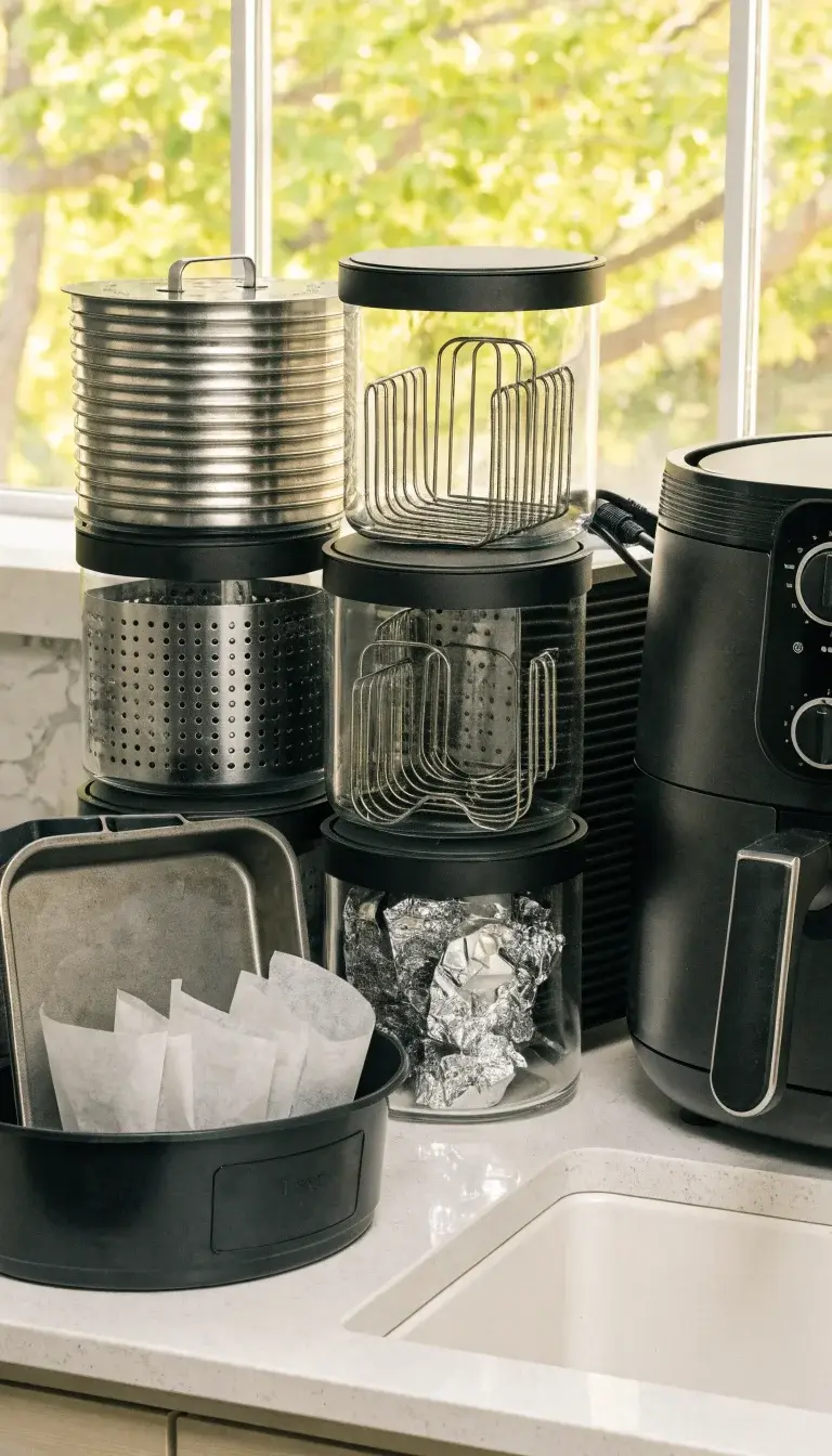 Prompt 1: A clean, elevated shot of an air fryer accessories station on a bright kitchen countertop. Focus on organized zones: trays, racks, cords neatly grouped, a baking pan and parchment liners tucked in a labeled bin. Natural light from a nearby window creates soft shadows. Include subtle textures: matte black air fryer unit, stainless steel trays, and clear glass jars with labeled “Trays,” “Racks,” and “Liners.” Slight vignette-free, tight depth of field to keep the foreground items crisp while the background remains gently blurred.