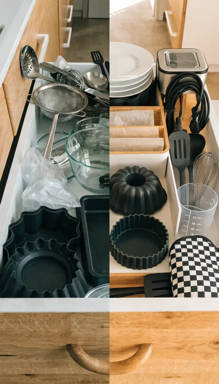 Prompt 3: A step-by-step “assembly and storage” composition showing the transition from clutter to tidy. Left side: chaos with mixed accessories piled in a disorganized drawer or bin. Right side: a neatly organized pull-out storage caddy or labeled bins (Trays, Racks, Cords) with a quick-grab zone clearly defined near the kitchen exit. Use a subtle split lighting effect to convey before/after transformation, natural daylight, and crisp, neutral-toned surfaces (white and maple) to emphasize cleanliness and practicality. Include a small air fryer unit with its accessories arranged in order, ensuring textures of metal, silicone, and parchment contrast well.