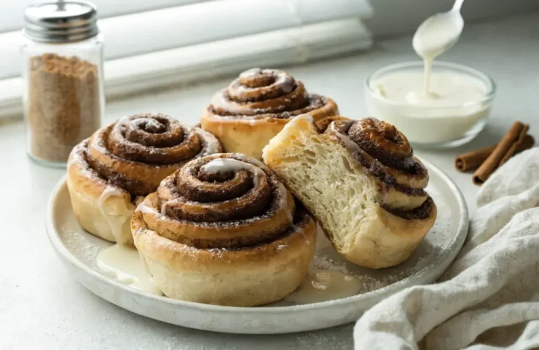 Air fryer cinnamon rolls with soft fluffy layers, rich cinnamon filling, sweet icing drizzle, and a tender bakery style texture, served warm on a plate.