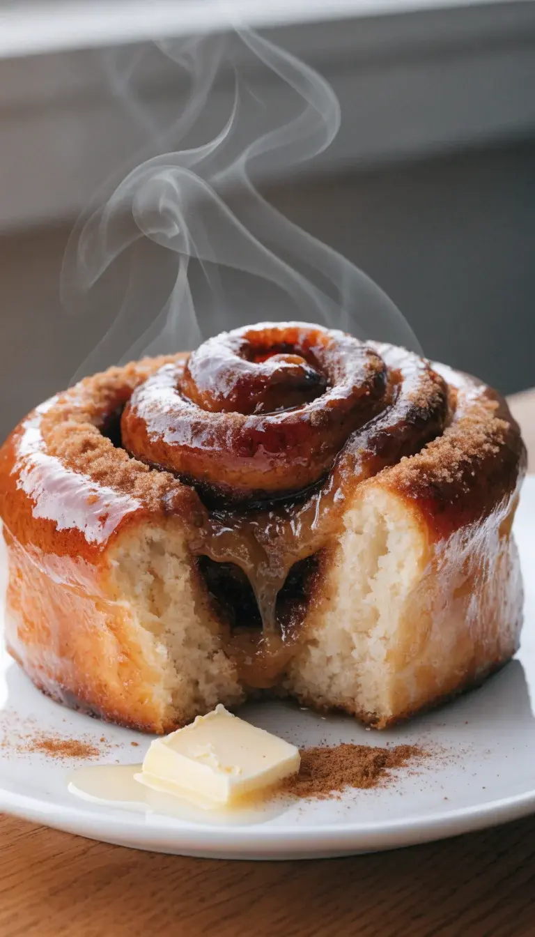 Prompt: Close-up of a single cinnamon roll pulled apart to reveal a gooey, caramelized filling, shot from a slight top-down angle. Emphasize the glossy egg-washed top and wisps of steam. Surround with a small pat of melted butter, a pinch of cinnamon, and a light dusting of brown sugar. Use natural window light, a clean white plate on a wooden surface, and a neutral backdrop to highlight the rich amber-brown swirls and soft interior.