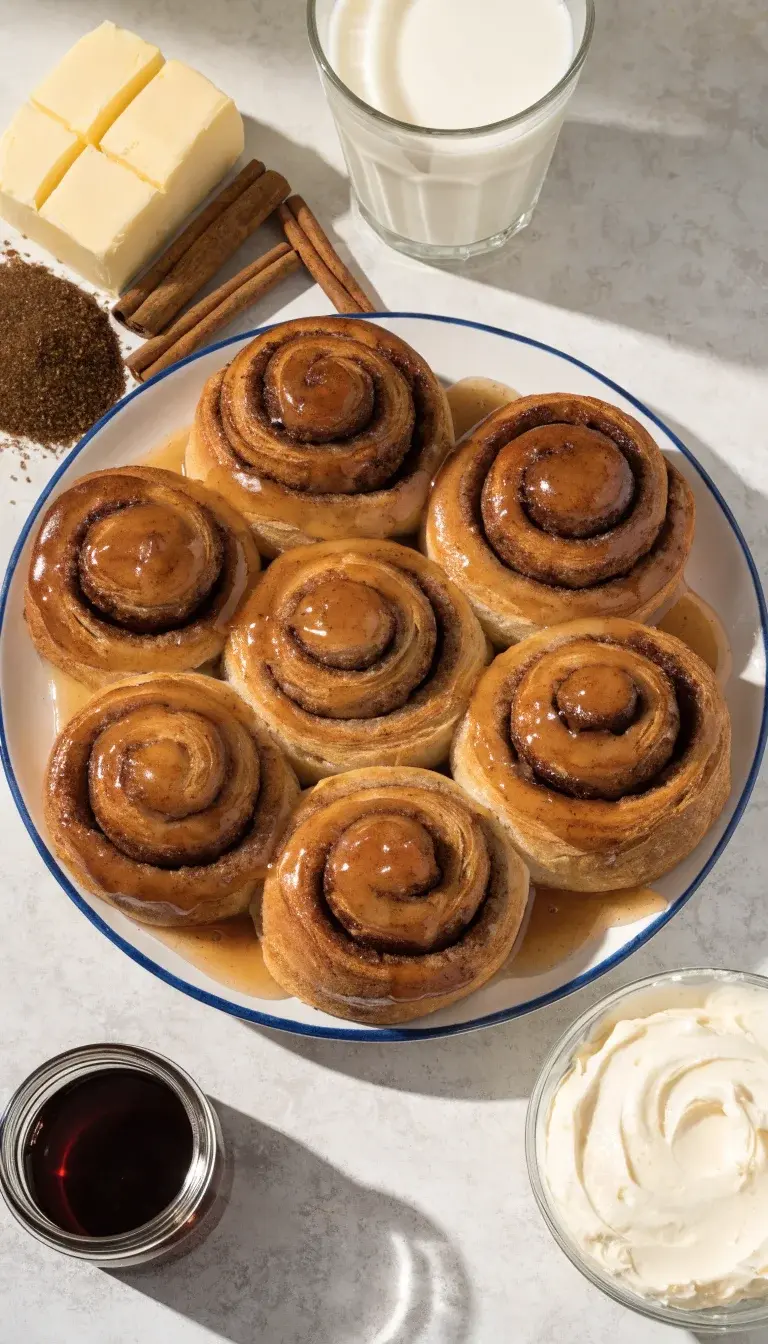 Prompt: A top-down still life of a plate of cinnamon rolls with a glossy glaze, alongside ingredients used: a stick of butter, brown sugar, cinnamon, a small bowl of cream cheese frosting, and a jar of vanilla. Include a clean fluted glass of milk in the background. Natural lighting to highlight texture: the flaky layers, glossy glaze, and sticky syrup. Use a light, neutral countertop and minimal props to keep the focus on the食 rolls' bakery-worthy appearance.