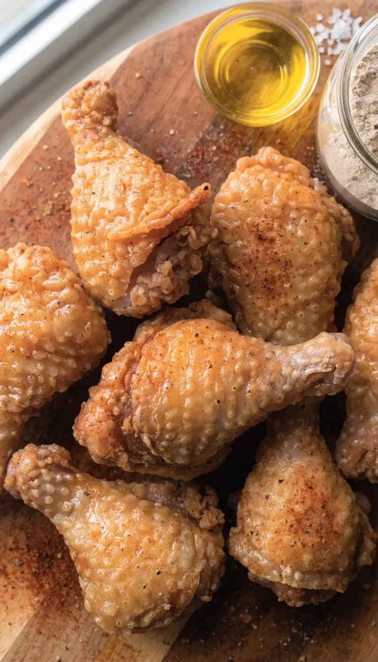 [Close-up still life of air-fried chicken pieces] A top-down shot of golden-brown fried chicken drumsticks and thighs arranged on a clean wooden board with a light dusting of paprika and black pepper. Include a small ramekin of bright spray oil, a glass jar of the dredge mix (flour with spices and a hint of cornstarch), and a pinch of sea salt scattered nearby. Soft natural light from a nearby window highlights the crisp texture and glistening surface, with a subtle shallow depth of field to keep the focus on the crust’s crunch.