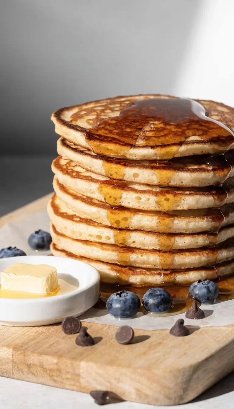 A close-up, high-contrast shot of a stack of fluffy air fryer pancakes on a wooden board, drizzled with amber maple syrup that pools around the base. Edges are crisp and lightly golden, with visible tiny bubbles on the surface. Include a small dish of butter melting beside the stack, a few scattered blueberries and chocolate chips for color pops, and a parchment circle under the stack to show the cooking method. Use natural window light from the side to create soft shadows and a clean, minimalist background.