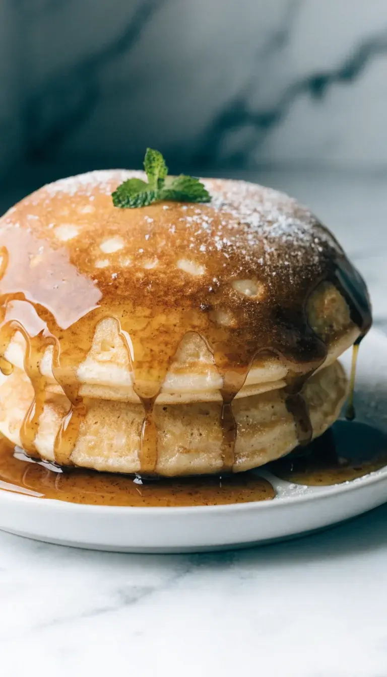 A dramatic, studio-style shot of a single pancake rising to a perfectly fluffy golden disk, perched on a white plate with a thin rim. Syrup cascades in a slow drizzle from the top edge, catching highlights to emphasize glaze. Include a few crisp edges visible around the pancake, a dusting of powdered sugar, and a small sprig of fresh mint as a pop of green. Set on a light marble surface with soft, diffused natural light from the side to emphasize texture and moisture without any people or clutter.