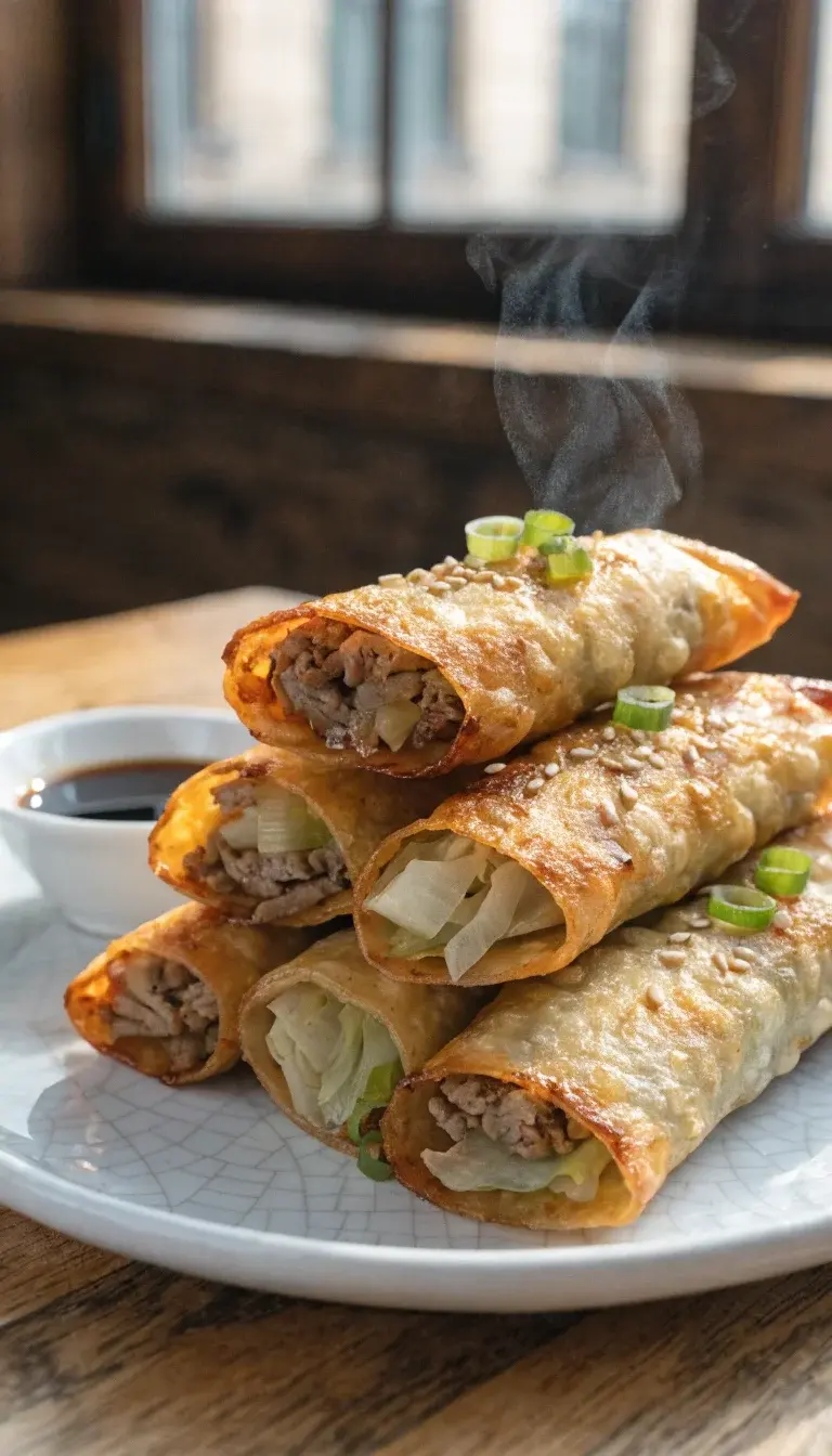 Crisp air-fried egg rolls close-up: diagonal stack of golden-brown pork and cabbage egg rolls on a white ceramic plate with a light crackle glaze. Show textures: bubbly, lacquered wrappers, hints of garlic and soy glaze on edges. Garnish with a small handful of sesame seeds and finely sliced scallions. Background: natural wood table, soft diffused morning light from a nearby window, shallow depth of field to blur the background while keeping the rolls razor-sharp. Include a small dipping bowl of soy sauce and a few wisps of steam.